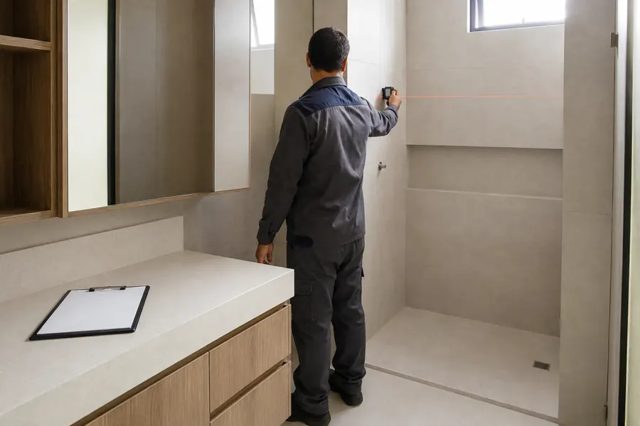 Profissional da equipe medindo o vão de um box de banheiro com trena a laser